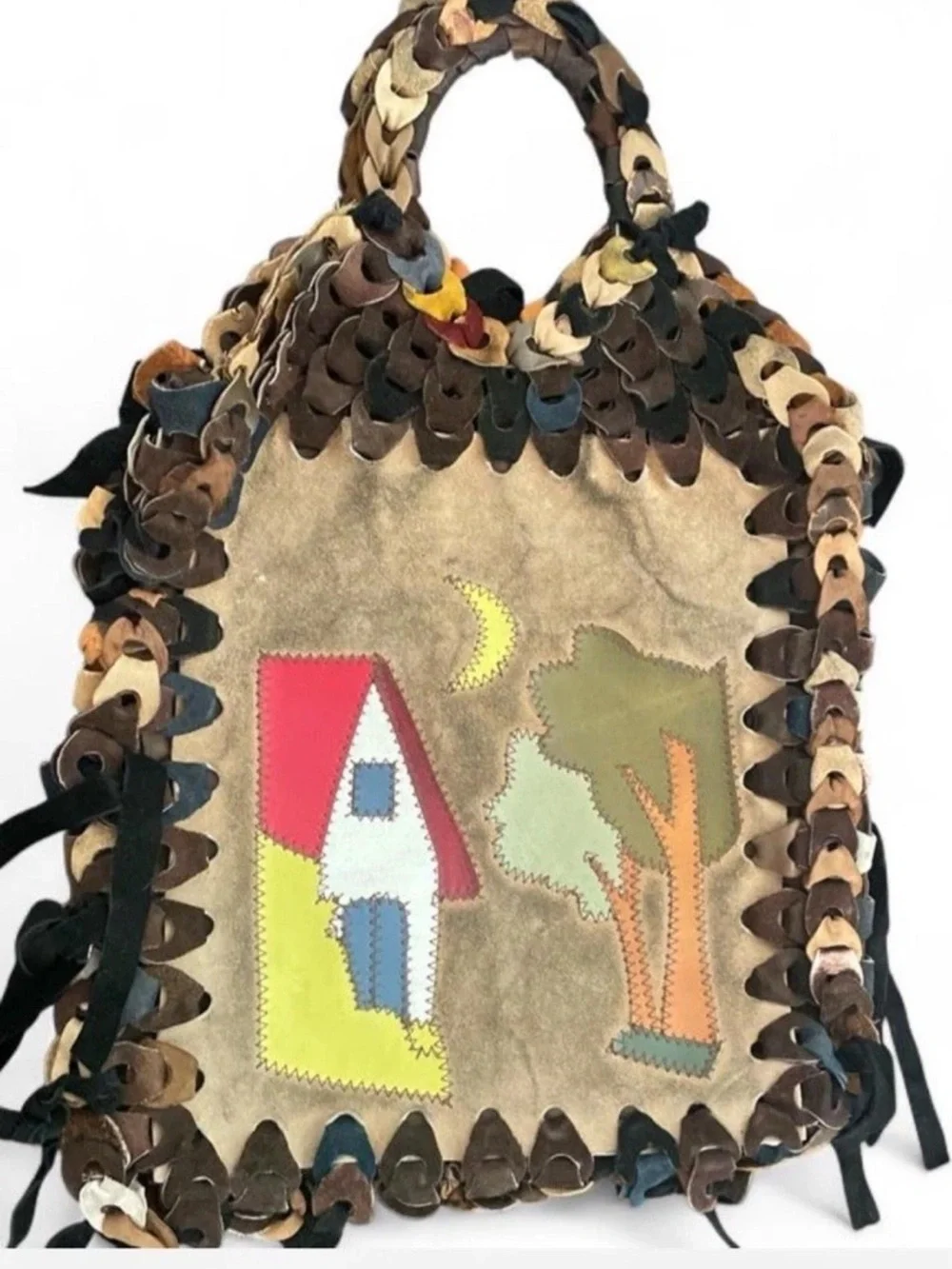 Vintage 1970s Handmade Genuine Suede Leather Folk Art Artisan Tote Bag.